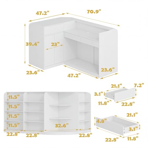 FAMAPY 70.9" L-Shape Reception Desk with Open Display Shelving, 2 Drawers & Cabinets, Modern Reception Counter for Shop White 70.9”W x 47.2”D x 39.4”H