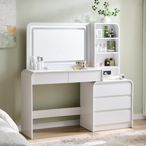 wow97e 50" Makeup Vanity Desk with 35.43" Mirror and Lights, Large 5 Drawers Makeup Table with Adjustable Shelves and Charging Station, 3 Lighting Modes for Women and Girls, Bedroom or Dorm, White wow97e