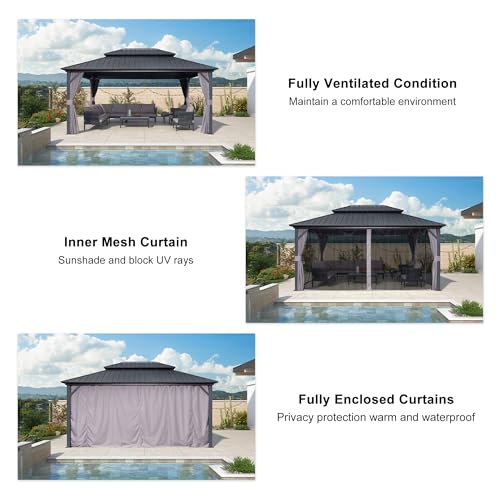 PURPLE LEAF 12' X 16' Permanent Hardtop Gazebo Outdoor Aluminum Gazebo with Heavy Duty Galvanized Steel Double Roof for Patio Lawn Garden Aluminum Gazebo with Netting and Curtains Grey - WoodArtSupply