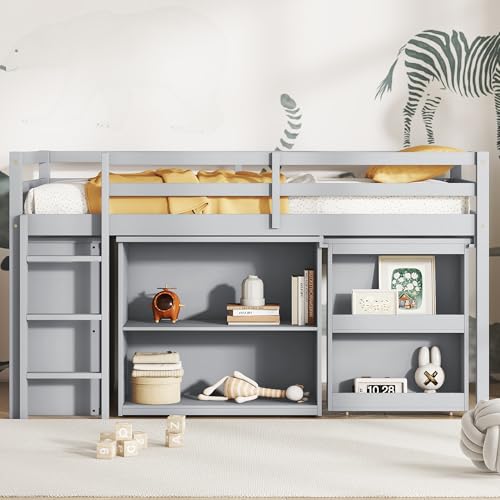 Ball & Cast Twin Loft Bed with Drawer Cabinet and Pulling -Out Desk,Rubber Wood Bed Frame w/Safety Guardrail & Ladder,Space-Saving Furniture for Girls Boys Student Dorms,Grey Ball & Cast