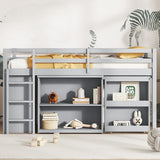 Ball & Cast Twin Loft Bed with Drawer Cabinet and Pulling -Out Desk,Rubber Wood Bed Frame w/Safety Guardrail & Ladder,Space-Saving Furniture for Girls Boys Student Dorms,Grey Ball & Cast