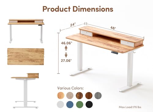 BANTI 48x24 Inch Electric Standing Desk with Dual Drawers, Height Adjustable Stand Up Table, Sit Stand Home Office Desk with Storage Shelf, White Frame/Light Rustic Brown Top BANTI