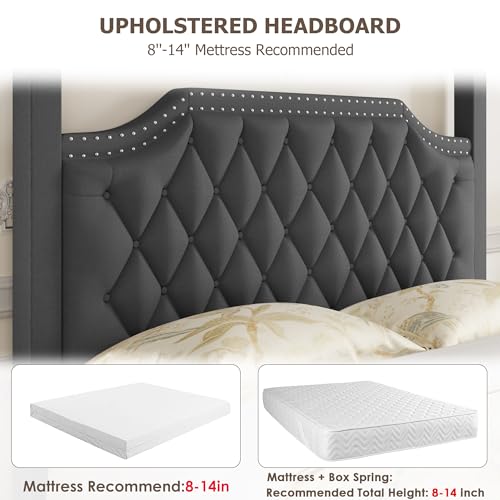 GarveeHome Upholstered Canopy Bed Frame Queen Size with Headboard, Button Tufted, Nailhead Trim Design, No Box Spring Required, Dark Grey(Shipped in 2 Boxes)