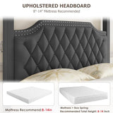 GarveeHome Upholstered Canopy Bed Frame Queen Size with Headboard, Button Tufted, Nailhead Trim Design, No Box Spring Required, Dark Grey(Shipped in 2 Boxes)