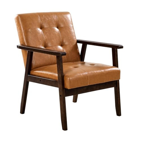 VEVOR Accent Chair, Mid Century Modern Armchair with Solid Wood Frame and Non-Slip Legs, Upholstered Leisure Chair with PU Leather and Soft Cushion, for Living Room, Bedroom, Office VEVOR
