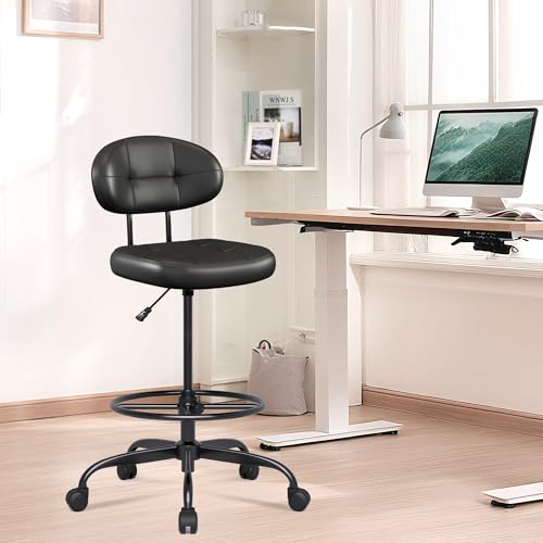 Misolant Drafting Chair Without Arms, Tall Office Chair with Footrest Ring for Standing Desk, Small Faux Leather Executive Office Chair with Adjustable Height for Bar Lab Counter Height Desk, Black Misolant