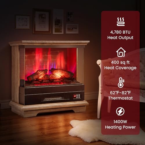 ORALNER 27” Electric Fireplace with Mantel, 3-Sided Glass View, Wooden Surround Firebox, Freestanding Fireplace Heater w/ 7 Flame Colors, Remote & 6H Timer, Overheat Protection, 1400W (Brown) ORALNER