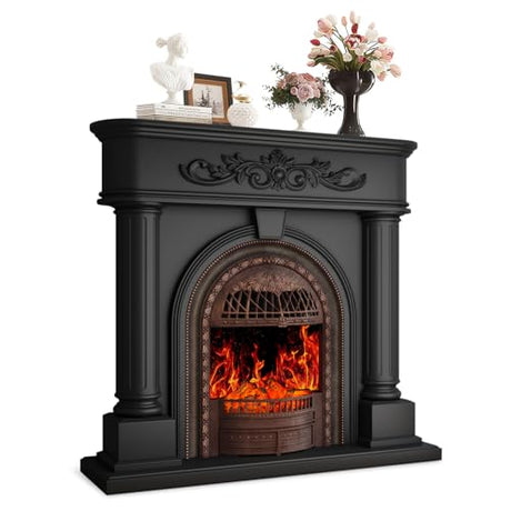 50” Solid Wood Electric Fireplace with Mantel, Black Roman Column TV Stand with Antique Bronze Finish Birdcage Heater Insert, Elegant Fireplace for Living Room, Bedroom & Entryway BLANKSPACE