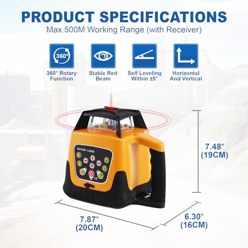 Iglobalbuy Automatic Self-Leveling Rotary Laser Rotating Horizontal & Vertical Laser Level Kit 500M w/Remote Control + Receiver, Leveling Transit Laser Level Red Beam for Construction (Rotary - WoodArtSupply