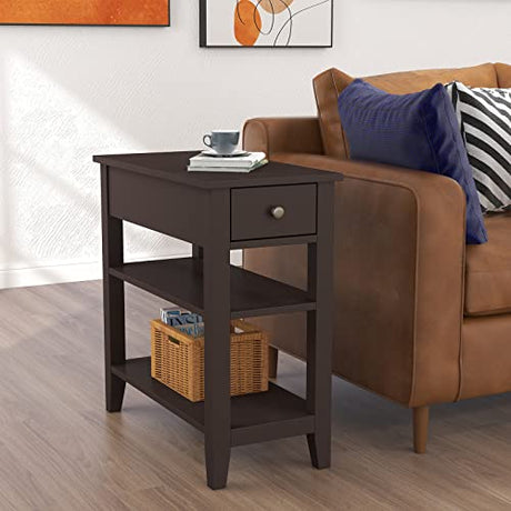 ChooChoo Side Table Living Room, Narrow End Table with Drawer and Shelf, 3-Tier Sofa End Table for Small Space, Espresso ChooChoo