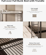 Feetice Full Over Full Bunk Bed with Trundle, Heavy Duty Metal Bed Frame with Full-Length Guardrails & Ladder, 3-in-1 Convertible Full Bunk Bed, Noise-Free, No Box Spring Needed, Black Feetice