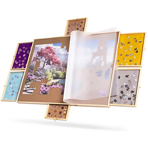 Tektalk Wooden Jigsaw Puzzle Table with Dustproof Cover，Plateau Portable Puzzle Board with 6 Colorful Sliding Drawers (Up to 1500 Pieces) - WoodArtSupply