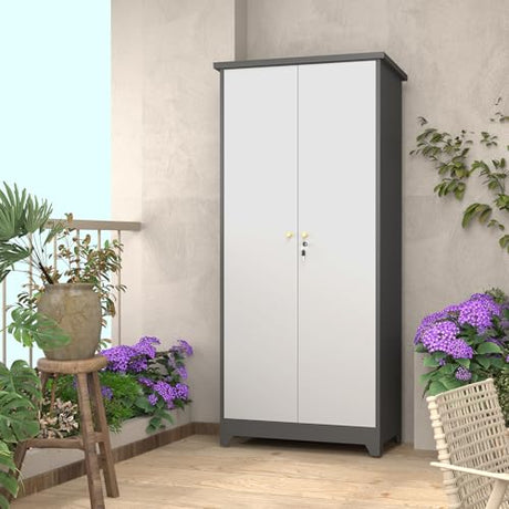 IRONFFICE Outdoor Storage Cabinet,Waterproof Outdoor Cabinet with Lockable Doors,Metal Garden Cabinet Storage Outdoor with with Sloping Roof for Garden,Patio,Lawn,Gray-Black IRONFFICE