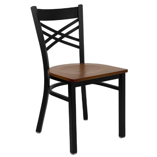 Flash Furniture HERCULES Series Black ''X'' Back Metal Restaurant Chair - Cherry Wood Seat - WoodArtSupply