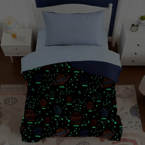 Toddler Bedding Set - 4 Pieces Toddler Comforter Set for Kids Boys, Glow in The Dark Space Bed in A Bag with Sheets Kaleido Space