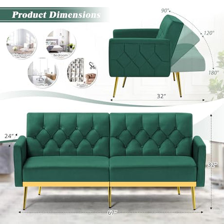 ACMEASE Velvet Futon Sofa Bed w/Adjustable Armrests & Backrests, Button Tufted Sleeper Couch, Modern Convertible Loveseat Sofa for Bedroom, Living Room, Apartment, Green ACMEASE