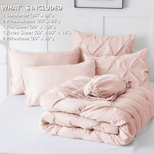 CozyLux Queen Comforter Set Blush Pink, 7 Pieces Pintuck Bed in A Bag, Premium Pink Comforter Queen Size, Pinch Pleat Bedding Sets with Comforter, Sheets, Pillowcases & Shams CozyLux