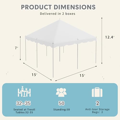EROMMY 15x15ft Pole Party Tent, Heavy Duty Outdoor Canopy with Carry Bags, Large White Event Tent for 40 People, Ideal for Parties, Weddings, and Gatherings EROMMY