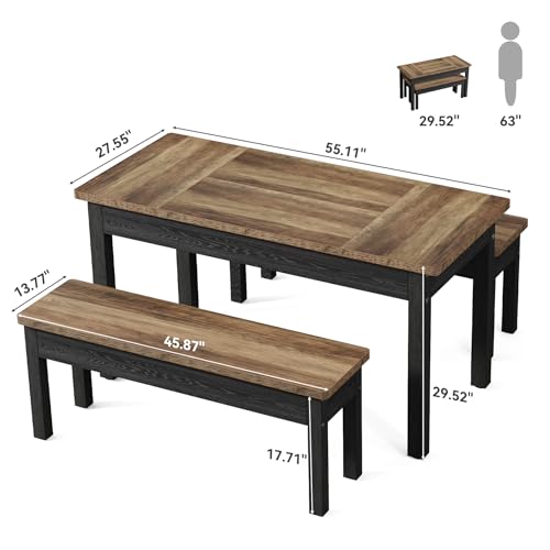 Tribesigns 55-Inch Kitchen Table Set for 4-6 People, Farmhouse Space Saving Dining Table with 2 Benches, 3 Pieces Wooden Dinette Set for Small Space, Breakfast Nook, Restaurant (Black and Brown) Tribesigns