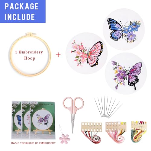 LB Butterfly Embroidery Kit for Beginners Adults, 3 Sets Hand Embroidery Starter Kit with Flower Pattern and Instructions Stamped Cross Stitch Kits Include Embroidery Hoop Needles Threads Scissors