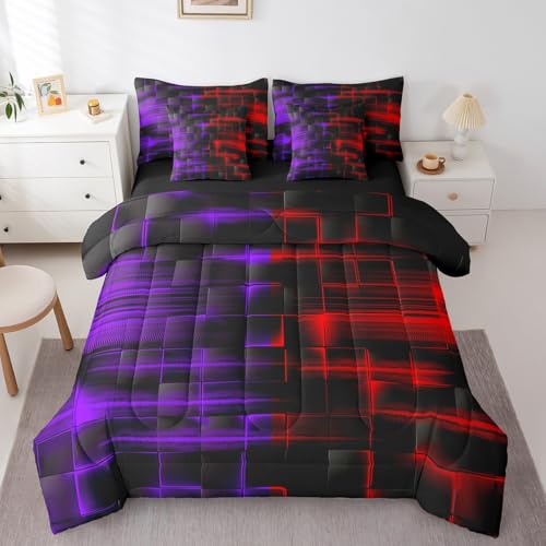 Feelyou Red and Purple Comforter Set with Sheets 7 Piece Queen Size Kids Geometric Bed in a BagStrip Lines Bedding Set Abstract Art Bed Set with Comforter, Sheets,Pillowcases,Cushion Covers Feelyou