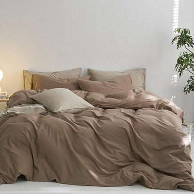 MooMee Full Duvet Cover Set, 100% Washed Cotton Linen Like Twill Thick Sturdy Material Super Soft Breathable Durable Bedding for All Season, 3 Pieces (Bombay Brown, Full 80"x90")