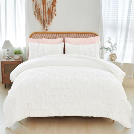 PERFEMET White Twin Comforter Set, 3 Pieces Ruffled Girls Comforter Sets Boho Vintage Shabby Chic Bedding, All Season Soft Lightweight Kids Bed Set for Teen Girl (White,Twin) PERFEMET