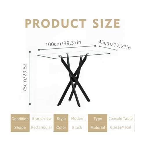 NIERN Tempered Glass Console Table with Metal Legs, Modern Narrow Sofa Table for Hallway Entryway (Black, 39"x18"x30") NIERN