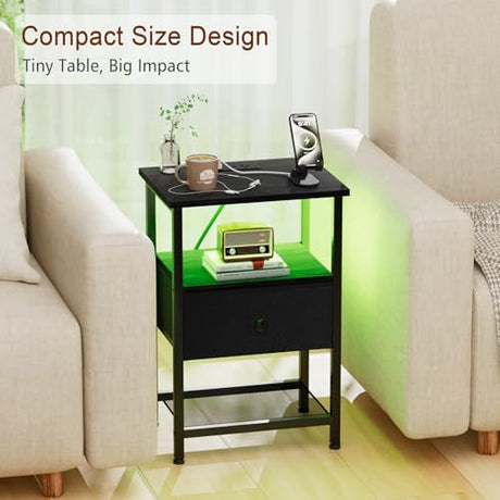 LOAKEKEL Nightstand with Charging Station, End Table with Fabric Drawer, LED Night Stand for Bedroom, Small Bed Side Table with USB Ports and Outlets for Living Room, Black, HETS01BK-1 LOAKEKEL