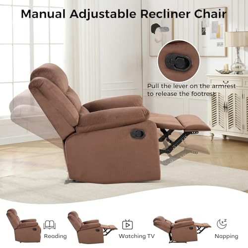 CANMOV Manual Recliner Chair for Adults, Upholstered Fabric Sofa Chair with Overstuffed Arms and Back, Manual Single Sofa for Living Room & Bedroom, Brown