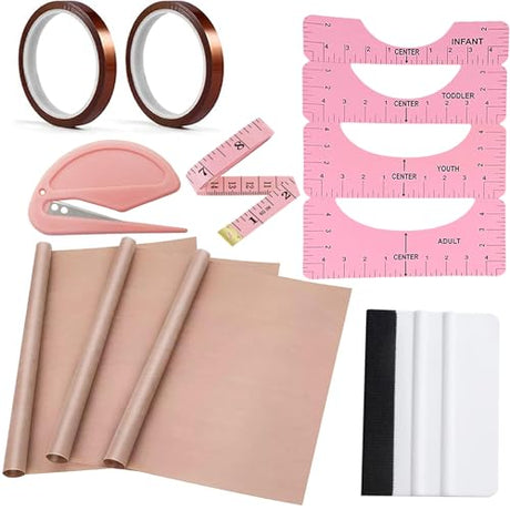 Sublimation Shirts Tool Kits (Pink) - 4 T Shirt rulers, 3Pack Teflon Sheet for Heat Press 12 x 16in - 2 Rolls Heat Resistant Tape,1 Tape Measure,1Squeegee for Vinyl YOUlDIANZI