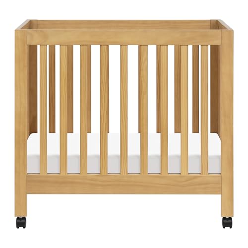 Babyletto Origami Mini Portable Crib Folding with Wheels in Honey, 2 Adjustable Mattress Positions, Greenguard Gold Certified babyletto