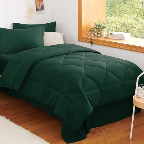 CozyLux Twin XL Comforter Set Emerald Green - 5 Pieces Twin Extra Long Bed in a Bag for College Dorm, All Season Bedding Set for Girls and Boys, Soft Bed Set with Comforter, Sheets, Pillowcase & Sham CozyLux