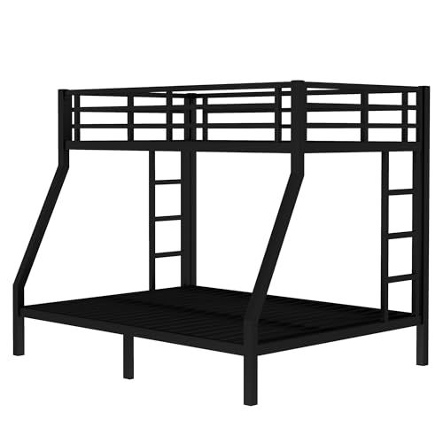 Bellemave Twin Over Full Bunk Bed for Teens, Twin Over Full Bunk Bed Frame with 2 Side Ladder and Full Length Guardrail, Easy Assemble Bunkbeds, Noise Reduced, Mattress Not Included, Black Bellemave