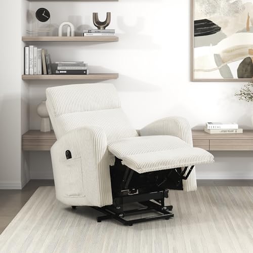 Lexicon Power Lift Recliner Chair for Elderly with Remote Control, Gentle Lift Motion, Side Pocket Armrest, Corduroy Upholstered Electric Recliner for Living Room/Bedroom, Easy Assembly, Beige Lexicon