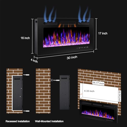 BETELNUT 30" Electric Fireplace Wall Mounted and Recessed with Remote Control, 750/1500W Ultra-Thin Wall Fireplace Heater W/Timer Adjustable Flame Color and Brightness, Log Set & Crystal Options BETELNUT