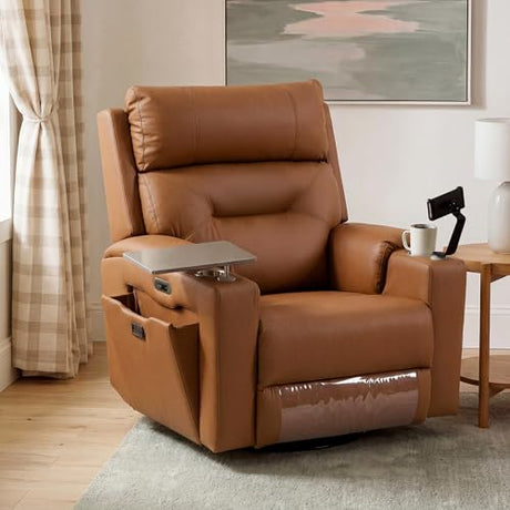 PU Leather Power Swivel Glider Recliner w/ Adjustable Headrest & Lumbar, Electric Nursery Rocking Chairs with Side Storage Space, USB Port, Phone Stand, Stry Table, Cup Holder for Nursery & Home,Brown FiveWillowise