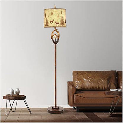 Scenekoy Rustic Farmhouse Antlers Floor Lamp with Nightlight Brown Finish Round Shade Lamps for Living Room Bedroom Office Study House - WoodArtSupply