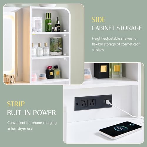 wow97e 50" Makeup Vanity Desk with 35.43" Mirror and Lights, Large 5 Drawers Makeup Table with Adjustable Shelves and Charging Station, 3 Lighting Modes for Women and Girls, Bedroom or Dorm, White wow97e