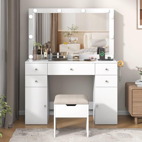 Vanity Desk with Lighted Mirror & Power Outlet, Makeup Vanity Table with 5 Drawers & 2 Cabinets, Large Vanity Set with Stool, Glass Top, Sliding Jewelry Storage Shelves, for Women Girls, Whit - WoodArtSupply