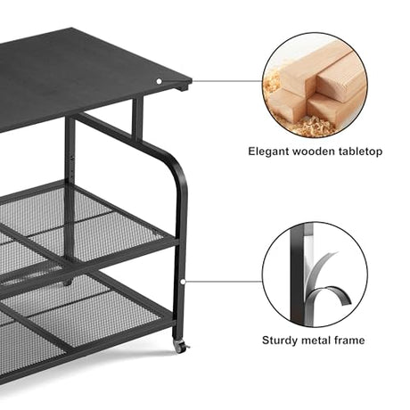 niffgaff Mobile Printer Stand with Large Desktop - 3 Tier Shelf, 24.4 Inch Height, Wooden Organizer for Home&Office, Black niffgaff