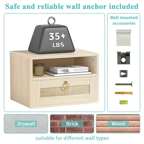 IGERI Floating Nightstand with Drawer for Wall Mounted Hanging Rattan Night Stand Bed Side Tables Wooden End Table Small Boho Dressers Farmhouse Shelves for Bedroom IGERI