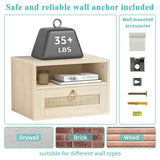 IGERI Floating Nightstand with Drawer for Wall Mounted Hanging Rattan Night Stand Bed Side Tables Wooden End Table Small Boho Dressers Farmhouse Shelves for Bedroom IGERI