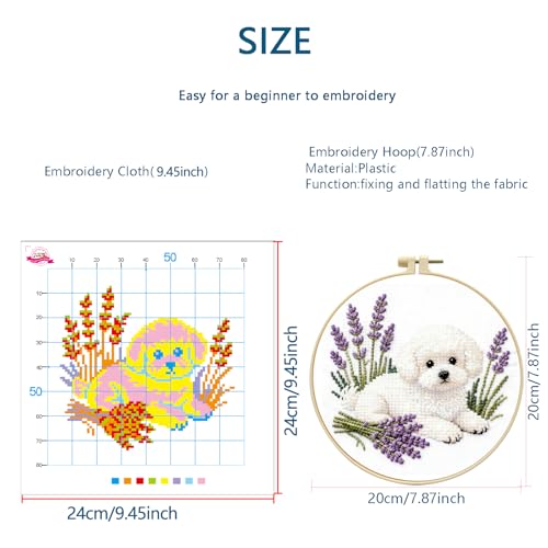 Zhenqing White Poodle Cross Stitch Kit with Lavender Bouquet, 11CT Printed 24x24cm, Beginner Embroidery Set with 20cm Hoop(70792)
