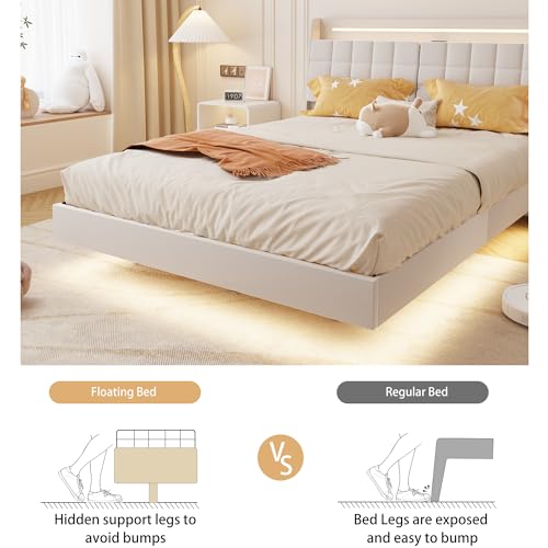 USHOW Floating Bed Frame King Size with Storage Headboard, Upholstered Bed Frame with LED Lights and Charging Station, No Box Spring Needed, Beige USHOW