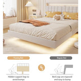 USHOW Floating Bed Frame King Size with Storage Headboard, Upholstered Bed Frame with LED Lights and Charging Station, No Box Spring Needed, Beige USHOW