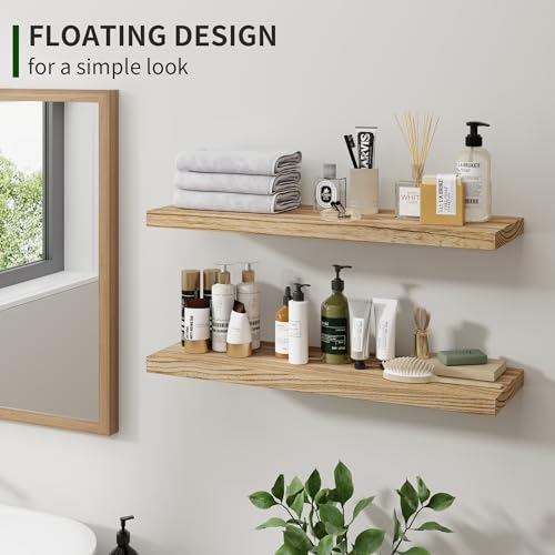 Floating Shelves, 24 Inch Wall Shelf Set of 2, Rustic Wood Shelves for Wall Storage, Wall Mounted Wooden Display Shelf for Bathroom Bedroom Kitchen, Carbonized Black - WoodArtSupply