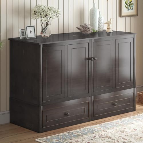 Mjkone 63.5" W Murphy Bed Cabinet, Queen Cabinet Wall Beds with USB Charging Station & Tri-Folding Mattress, Guest Cabinets Beds with Storage Drawers for Bedroom Apartment Home Office, Dark Grey Mjkone