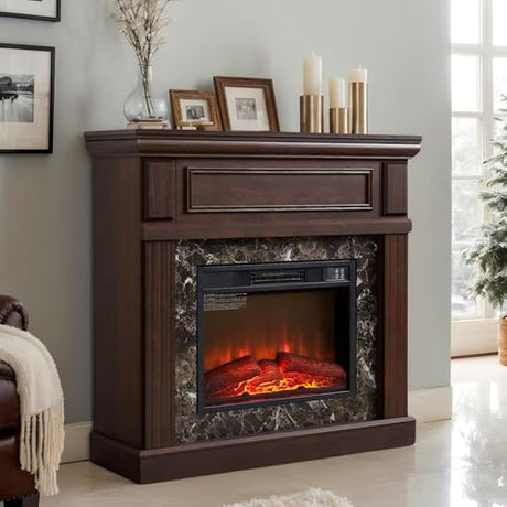 CKEASEAN 42 inch Electric Fireplace with Mantel, Portable Freestanding Wood Stove with Remote Control, 23'' Fireplace Insert Heater,1400W Realistic 3D Flame Stacked Stone Surround (42" W Dark Cherry) CKEASEAN