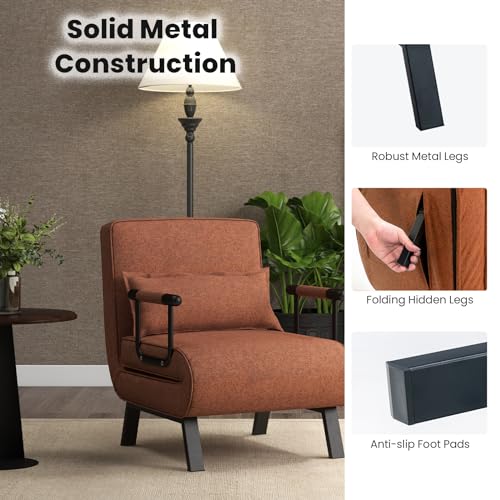 S AFSTAR 4 in 1 Convertible Sofa Chair Bed, Tri-fold Leisure Recliner Sleeper with 6-Position Adjustable Backrest, Pillow & Metal Frame, Folding Chaise Lounge Couch for Apartment, Bedroom (Coffee) S AFSTAR